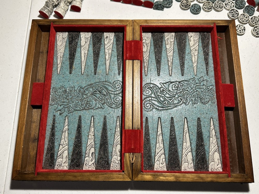 Vintage Aztec Vs Conquistadors Stone Resin Folding Chess & Backgammon Set