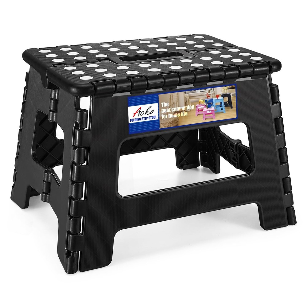 ACKO Folding Step Stool 9 Inch 300 lb Capacity, Plastic 9 Inch, Black