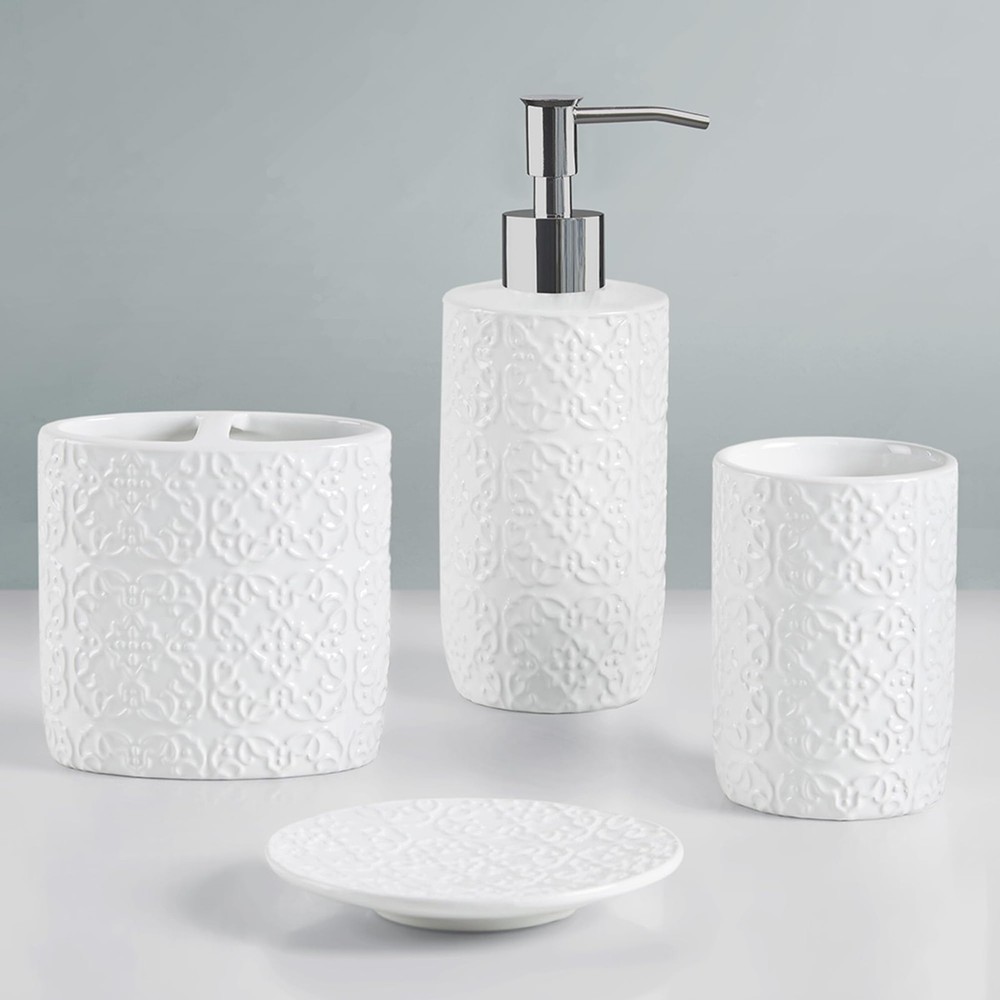 Ceramic Bathroom Accessories Set, Vanity Decor Storage Organizer, Embossed Da...