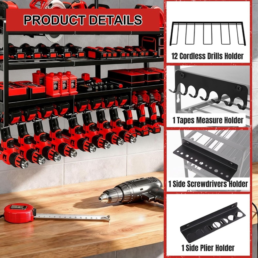 Heavy Duty Power Tool Organizer Drill 50" 4-Layer Holder Wall Mount Storage Rack