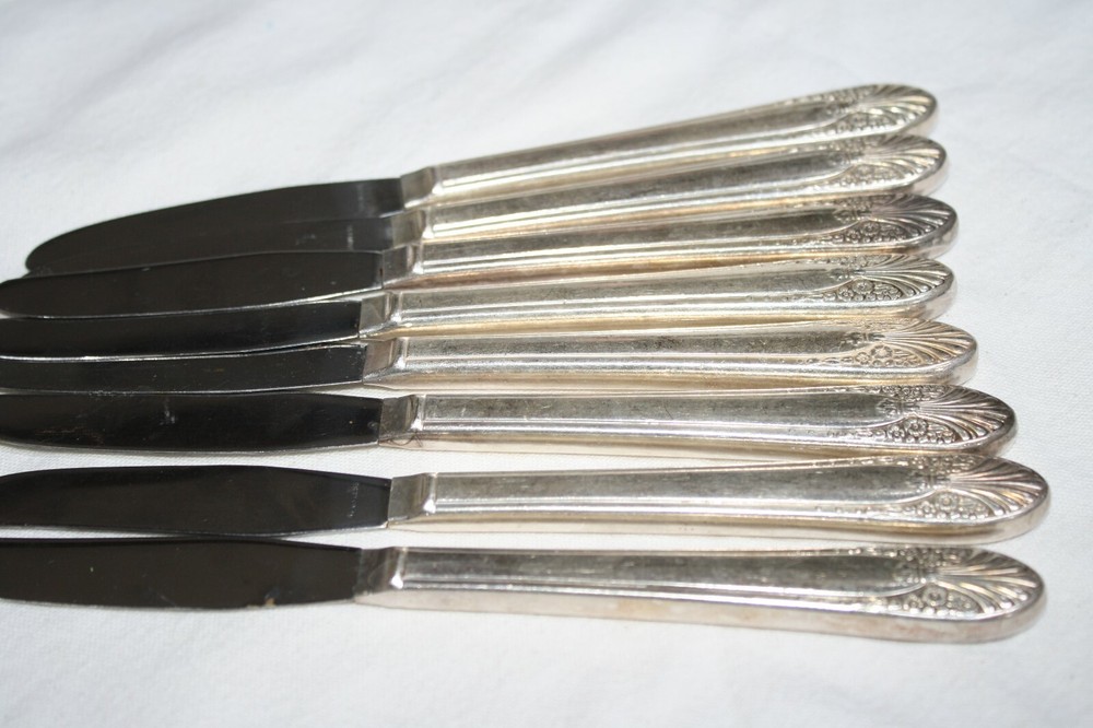 CROWN SILVER PLATED FLATWARE "RADIANCE" PATTERN (8) GRILLE KNIVES 8.5"