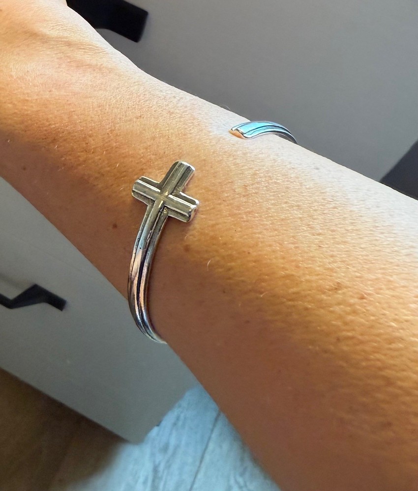 Cross Cuff Bracelet | 925 Sterling Silver Adjustable Open Bangle