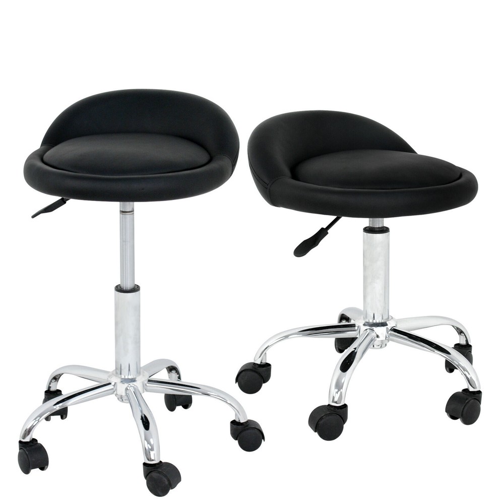 2PCS Adjustable Hydraulic Rolling Stool PU Leather Salon Chair with Back Black
