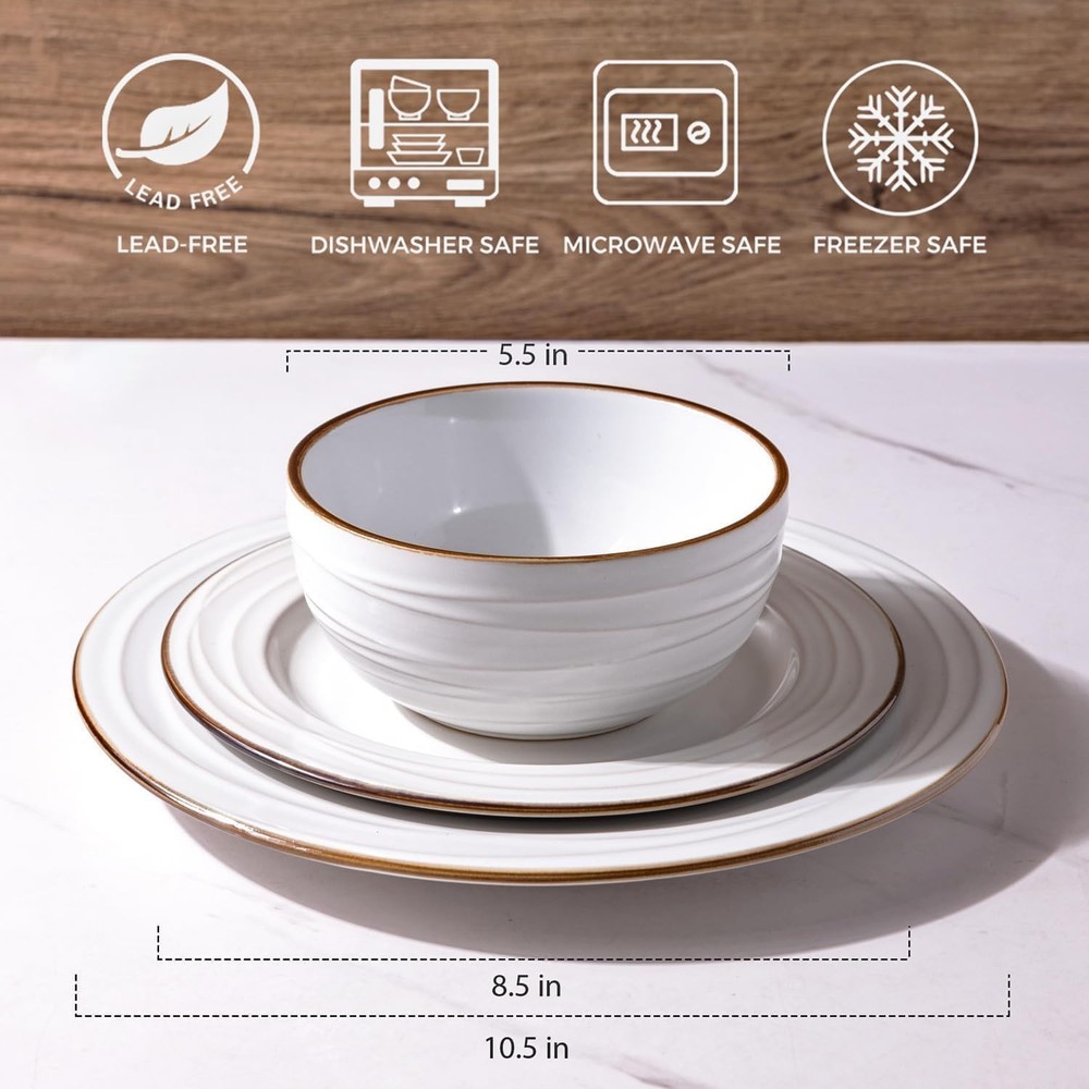 Ceramic Dinnerware Sets,18 pcs Embossed Elegant Stoneware Plates and Bowls Se...