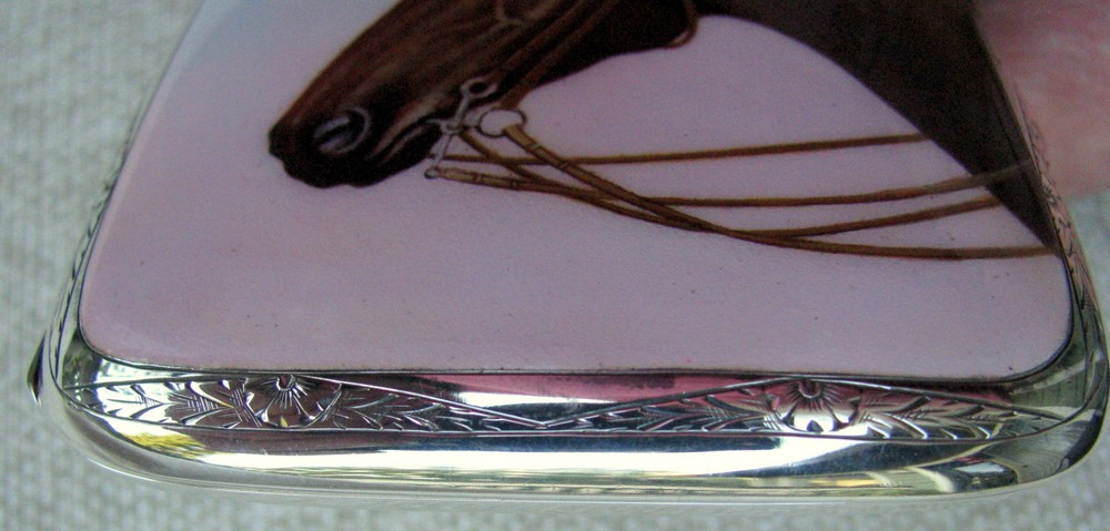 PRISTINE MINT ENGRAVED SILVER HAND PAINTED PORCELAIN CIGARETTE CHEROOT CASE 1910