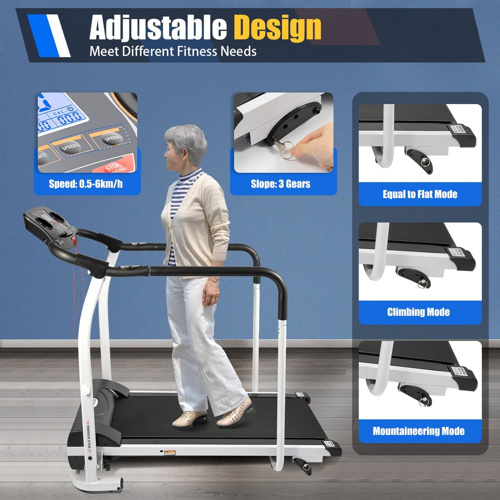 Electric Treadmill Elderly Walking Pad Machine with Full Handrails & Heart Rate