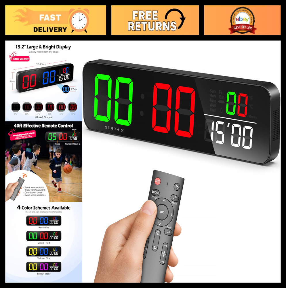 15.2" Digital Scoreboard Clock with Countdown Timer, LED Color Display, Remote C
