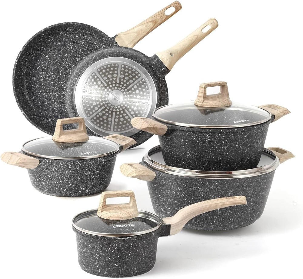 Pots & Pans Set Nonstick White Granite Induction Kitchen Cookware Set 10 Pcs