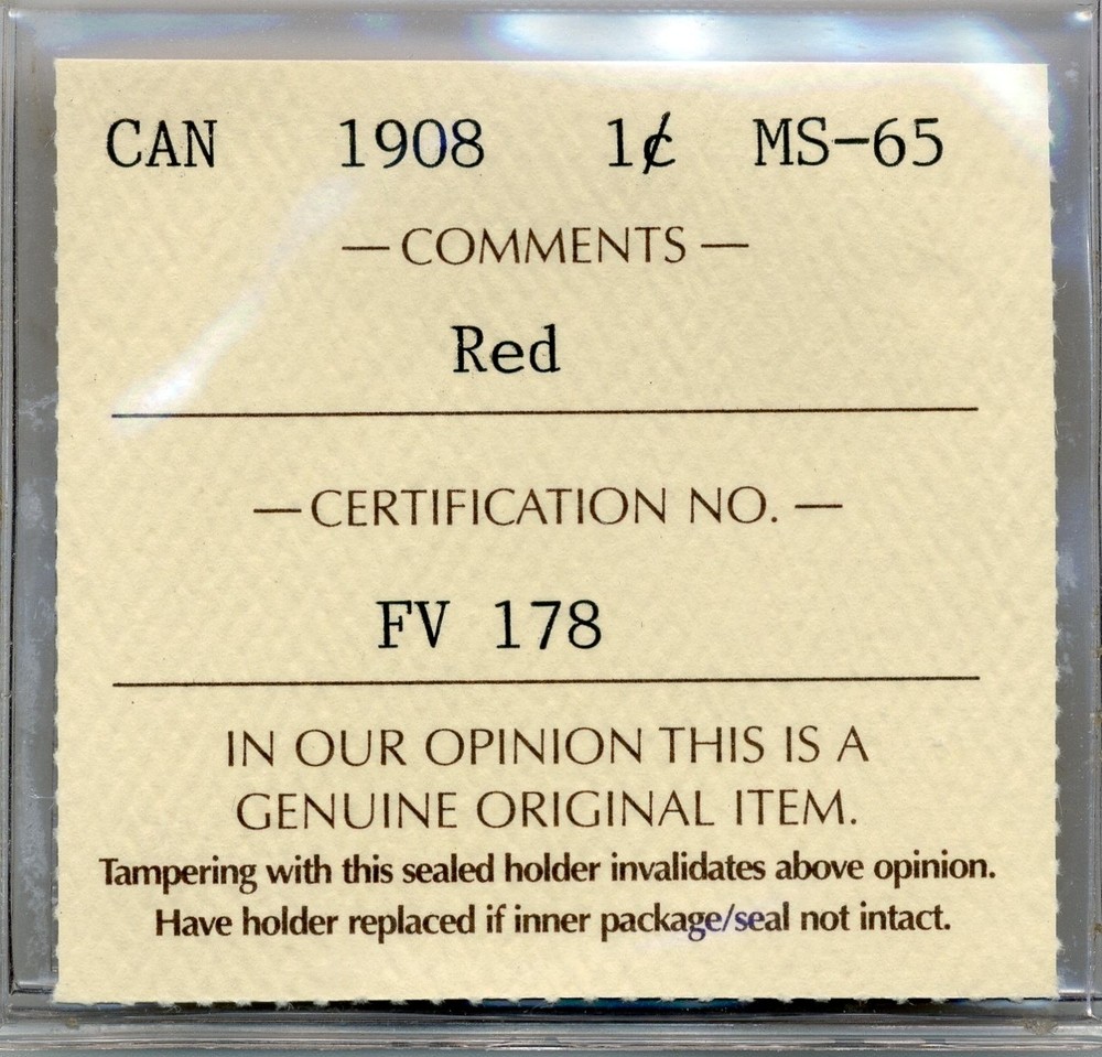 1908 Canada Large Cent - GEM Uncirculated, ICC MS65 RD