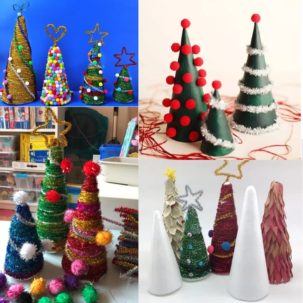 24-Pack Craft Foam Cones, Foam Tree Cones, Assorted Sizes White Polystyrene C...