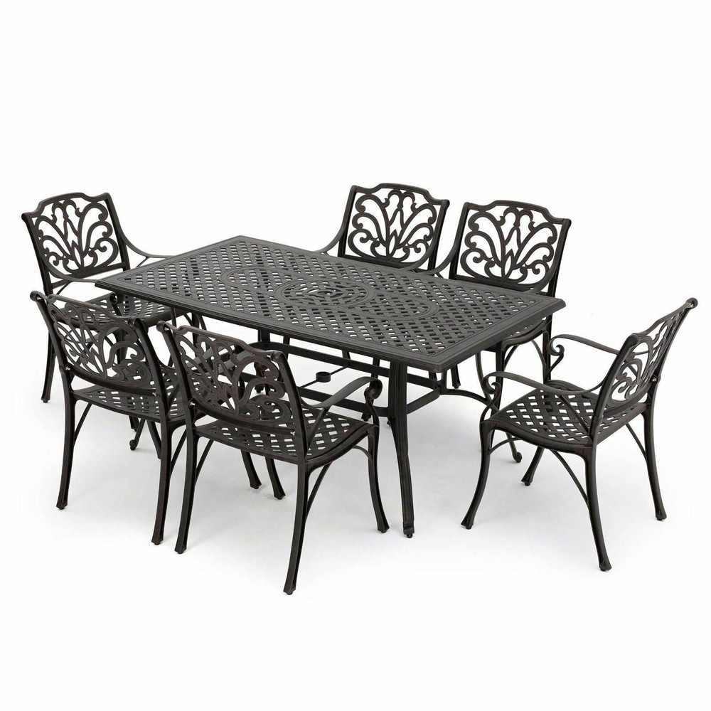 Fonzo Outdoor 7 Piece Bronze Cast Aluminum Rectangular Dining Set