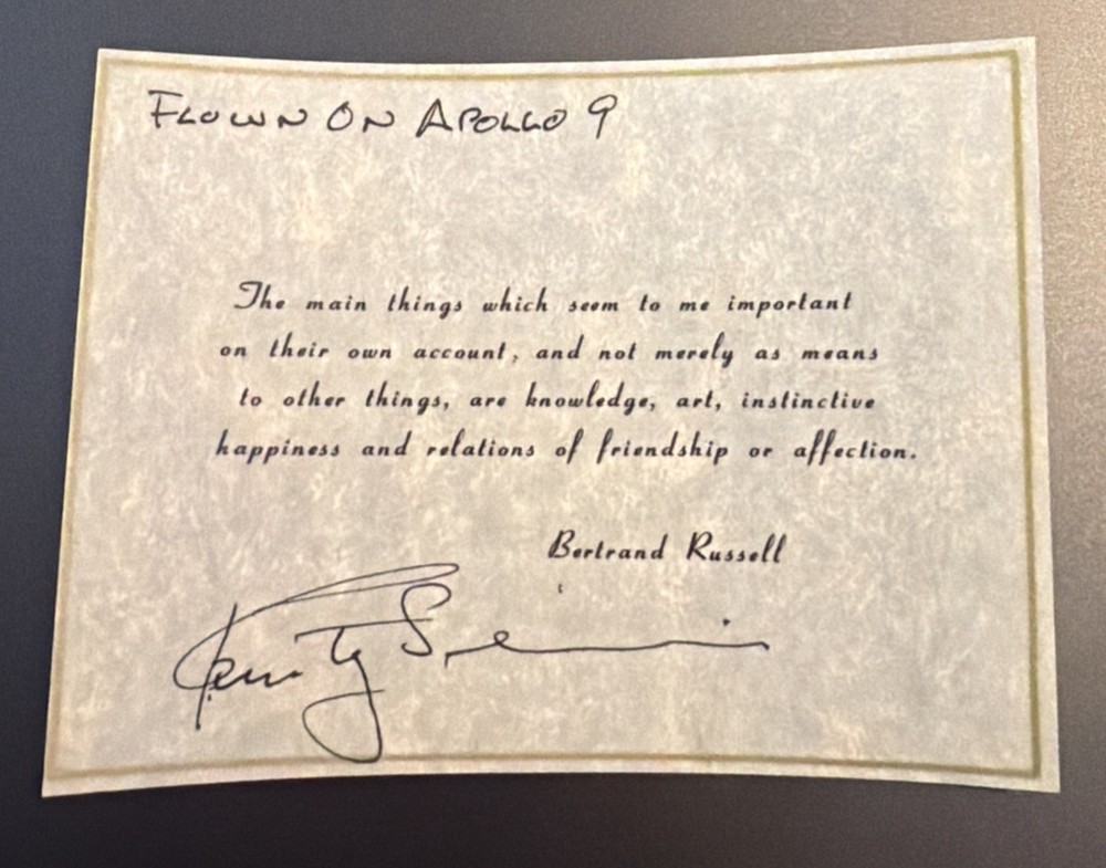 Rusty Schweickart Signed Apollo 9 Flight Flown Bertrand Russell Quotation