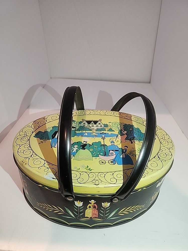 Vintage Tin Litho Box Basket Double Swing Handle