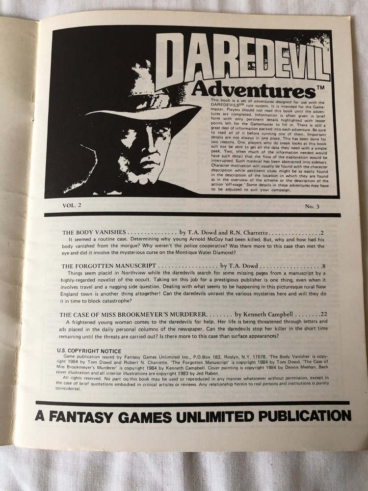1984 Daredevil Adventures Vol. 2 No. 3: Supernatural Thrillers Point-Based RPG