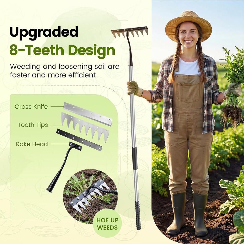 Iron Weeding Rake with Long Handle - Upgraded 8 Teeth Weed Puller Tool, Heavy