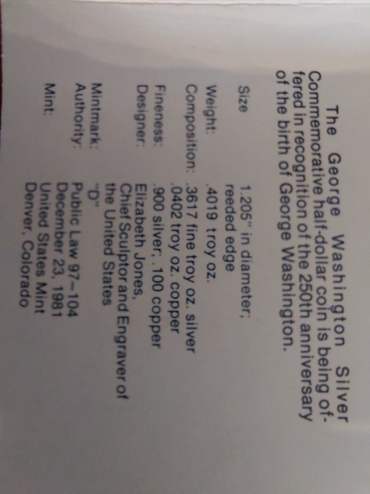 1982 George Washington Commemorative Silver Half Dollar