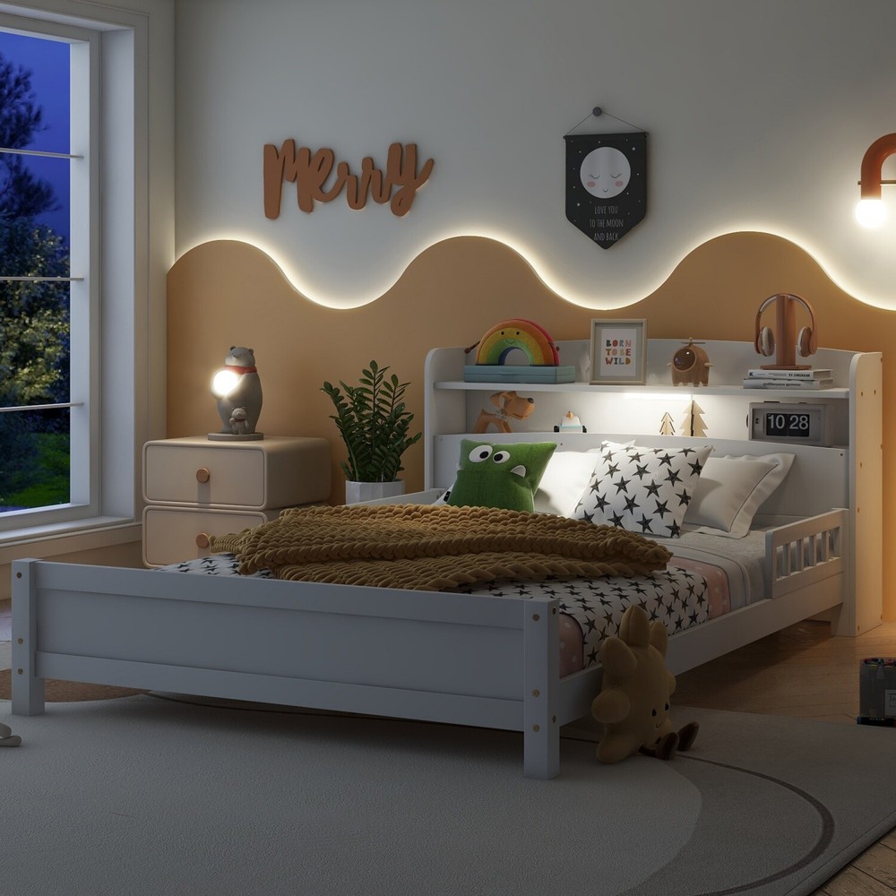 Full Size Bed Frame Wood Platform Bed Frame w/ Storage Headboard & LED Light