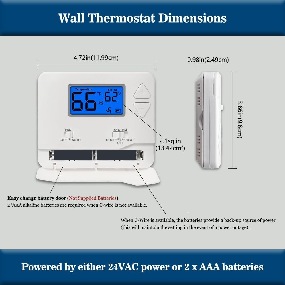 Battery-Powered Blue Backlight Thermostat for Single-Stage Systems, Easy Control