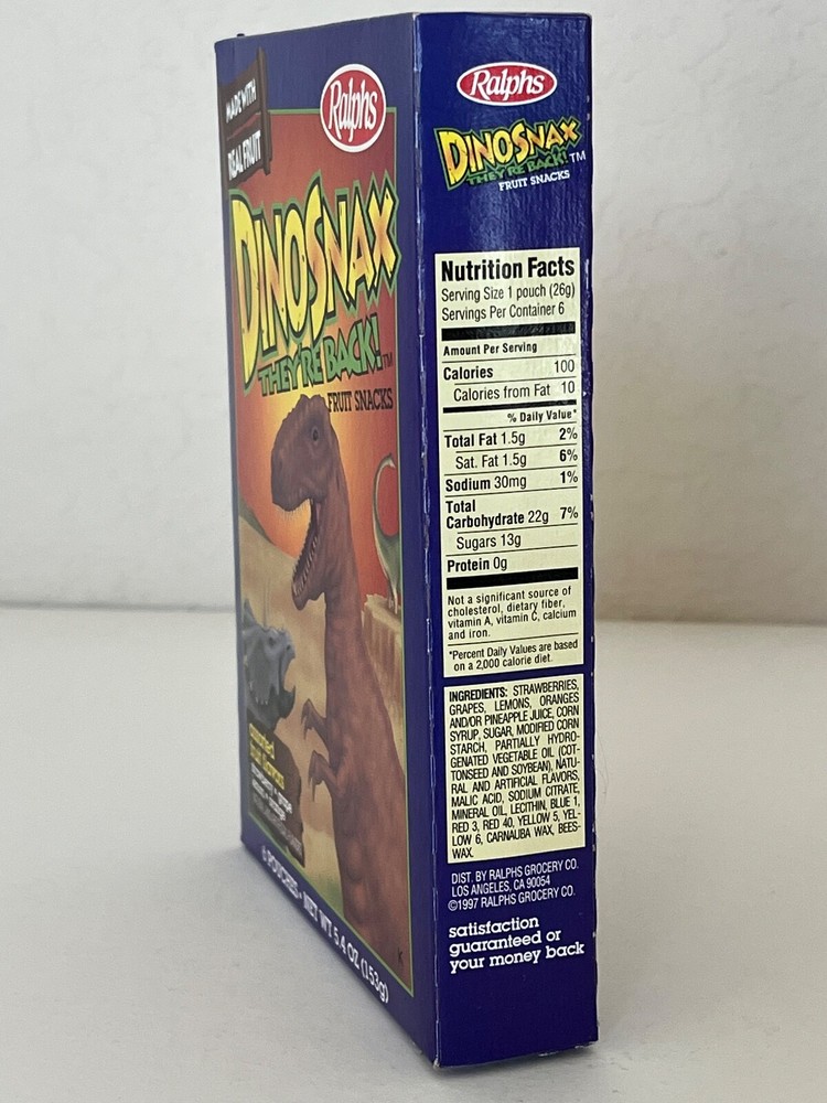 Vintage 1990's Ralphs Grocery Store Dinosnax Assorted Fruit Snacks Empty Box