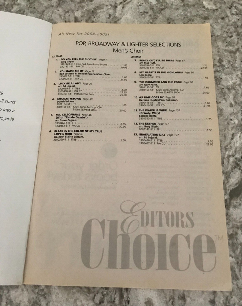 Editors' Choice Series Men's Choir Pop/Broadway/Lighter Selections Book/CD 2004
