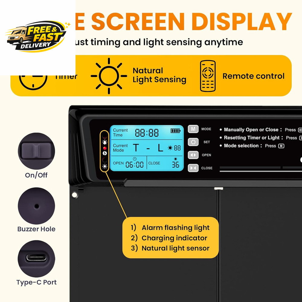 Extra Large Coop Door Solar Powered with Remote - LCD Display, Light Sensor, Tim