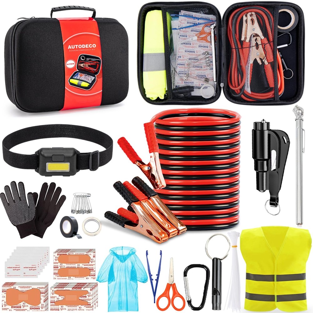 Roadside Emergency Car Kit With Jumper Cables First Aid Headlamp Accessories