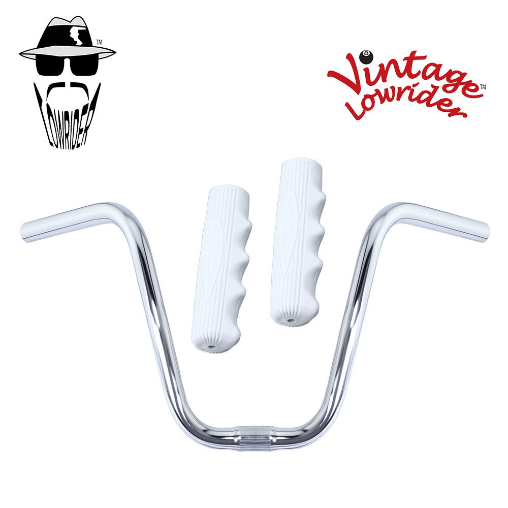Original Lowrider 9" 25.4 D Handlebar Chrome 212 120mm Grips Solid/White