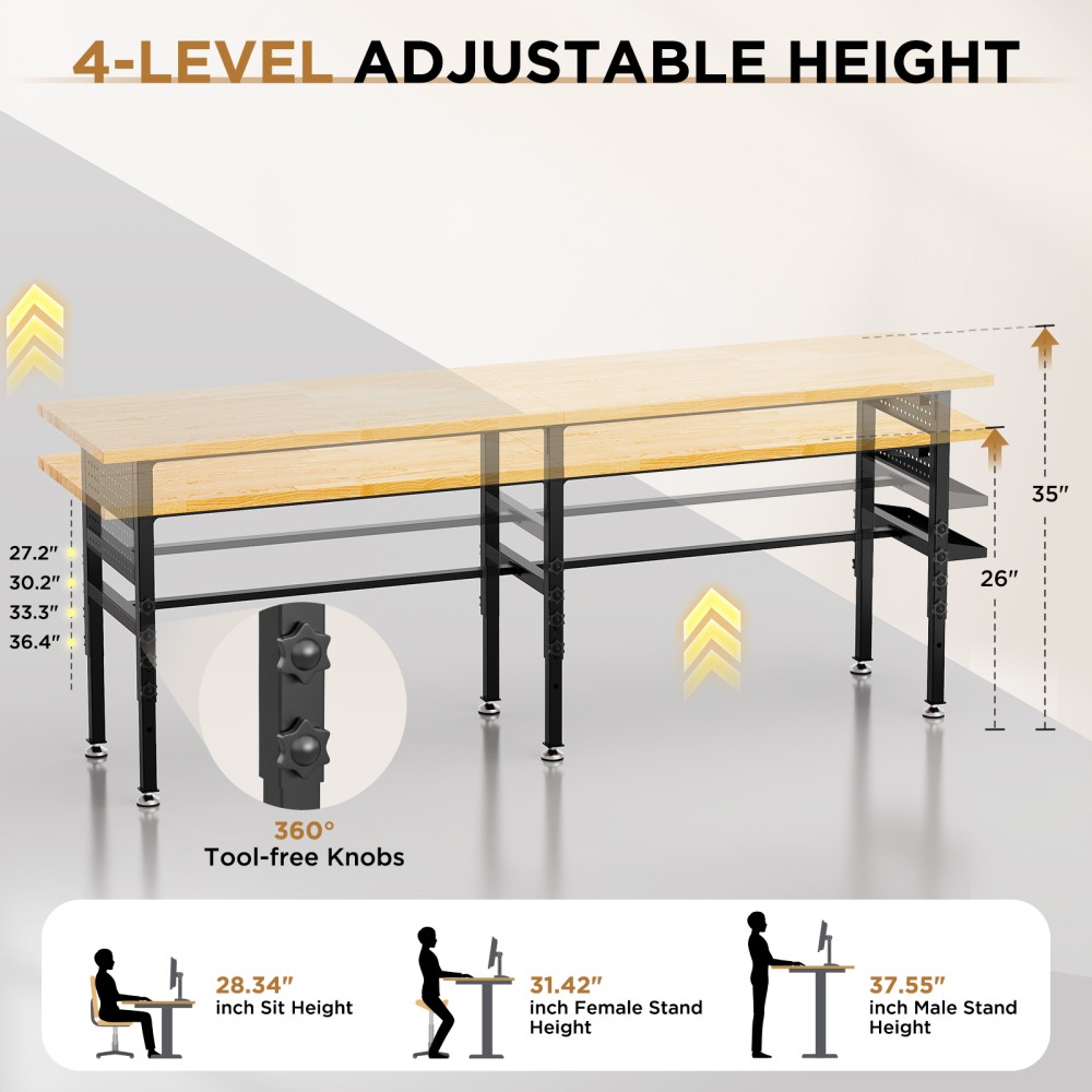 60" Adjustable Workbench w/ Drawers, 2000lb Cap, LED Light, Outlet