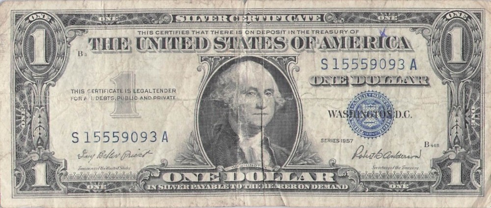 1957 One Dollar Well Circulated Silver Certificate Note