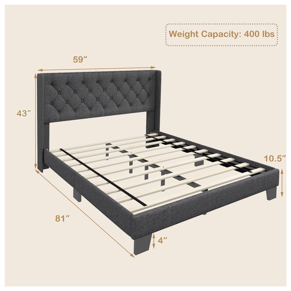 Upholstered Platform Bed Tufted Headboard Mattress Foundation Full Size Grey