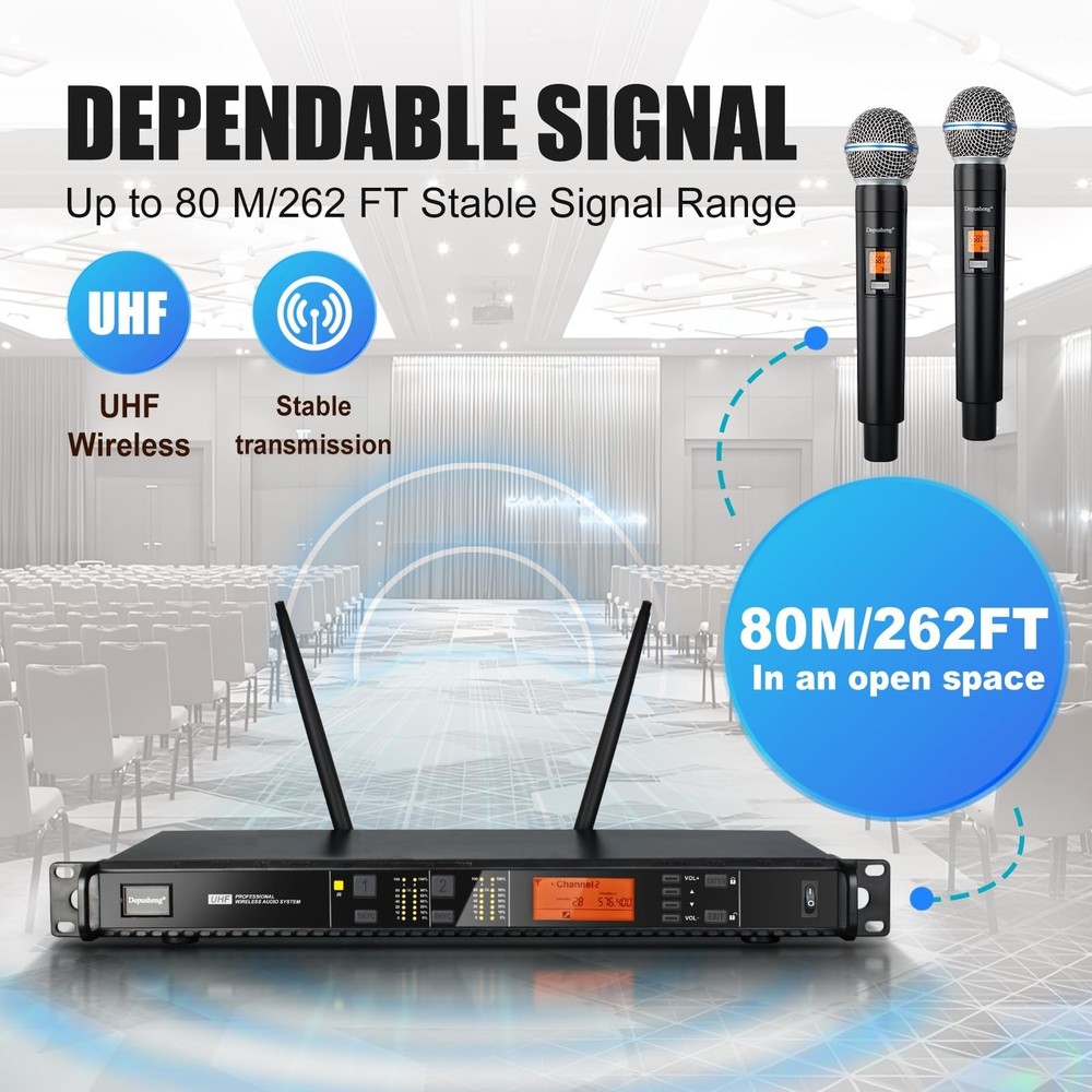 Depusheng Wireless Microphones System with 2 Channels Cordless Handheld Micro...