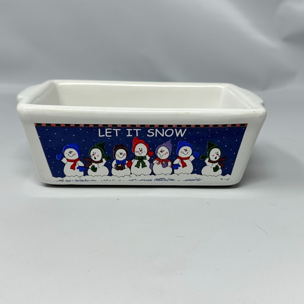 Let It Snow Ceramic Bread Loaf Pan Snowman Design White