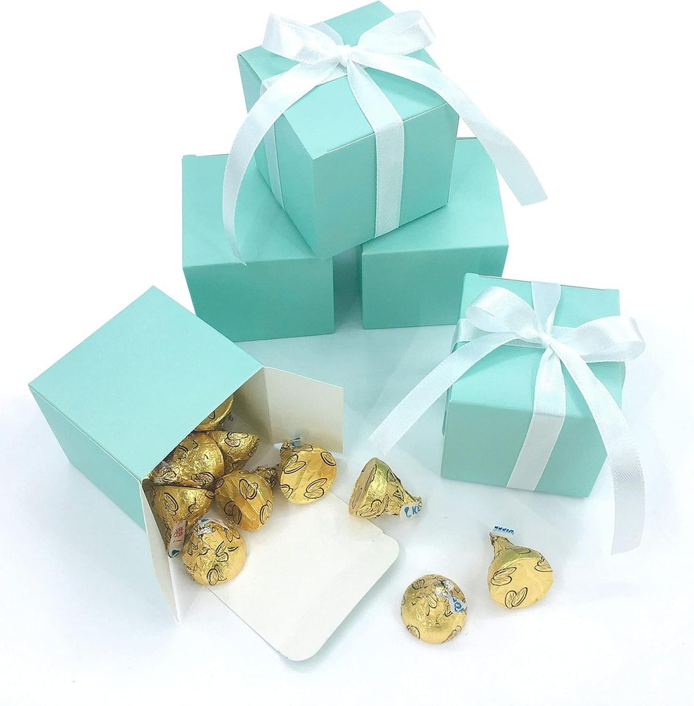 Small Cube Turquoise Candy Treat Boxes Bulk Teal Blue  Boxes Wedding