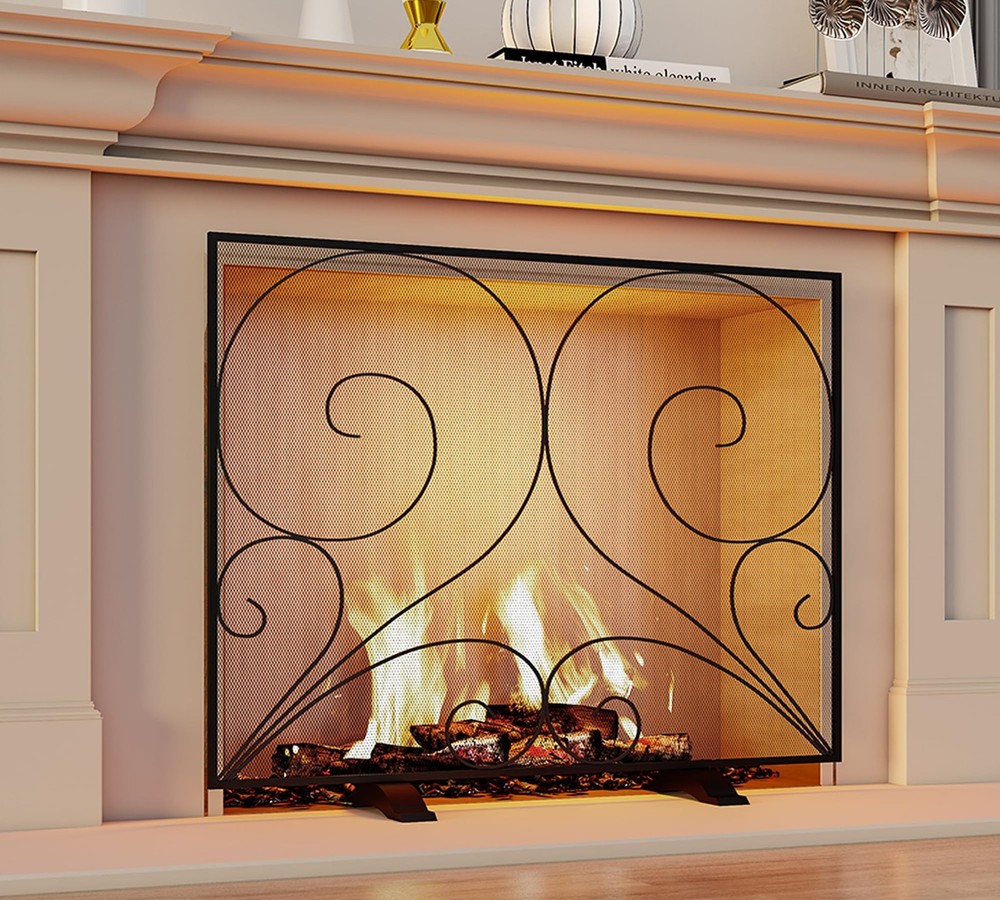 Fire Beauty Single Panel Fireplace Screen Wrought Iron Mesh Guard, H