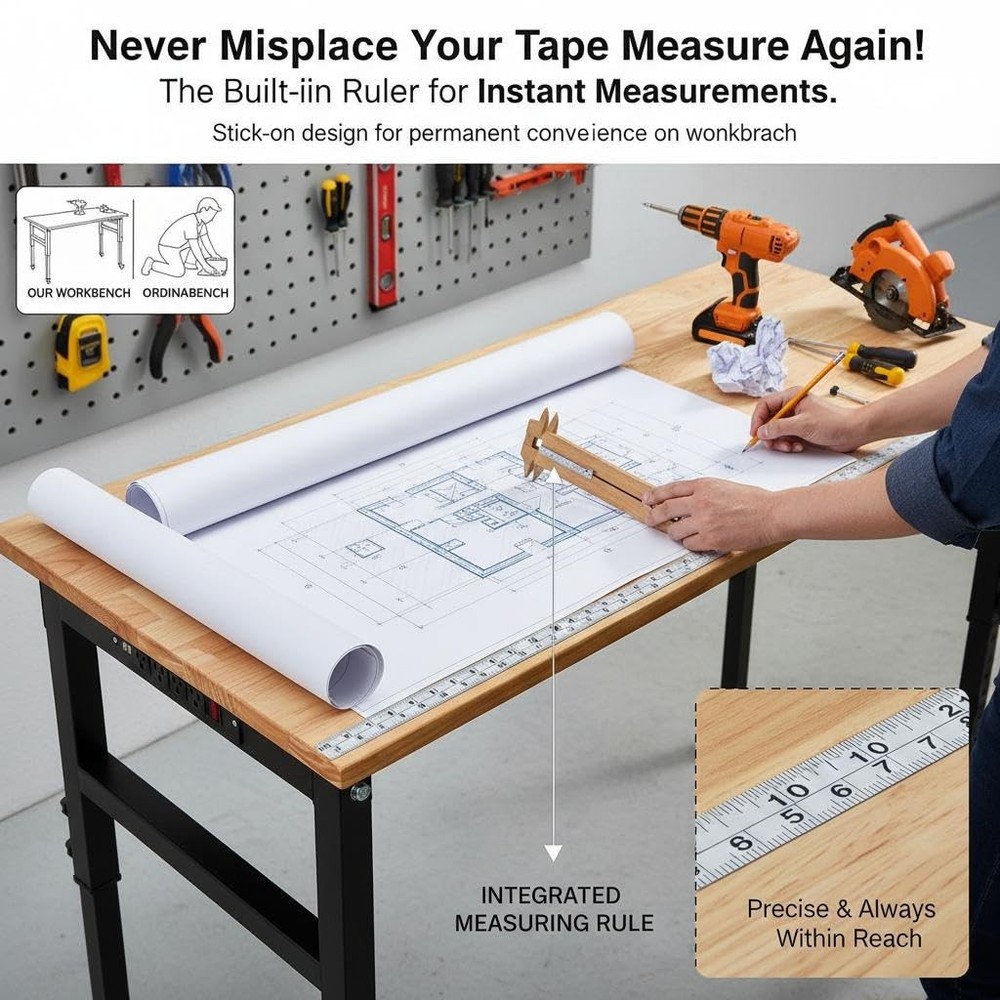 70" Adjustable Workbench Garage Work Table w/ Power Outlet, Wheels & Pegboard