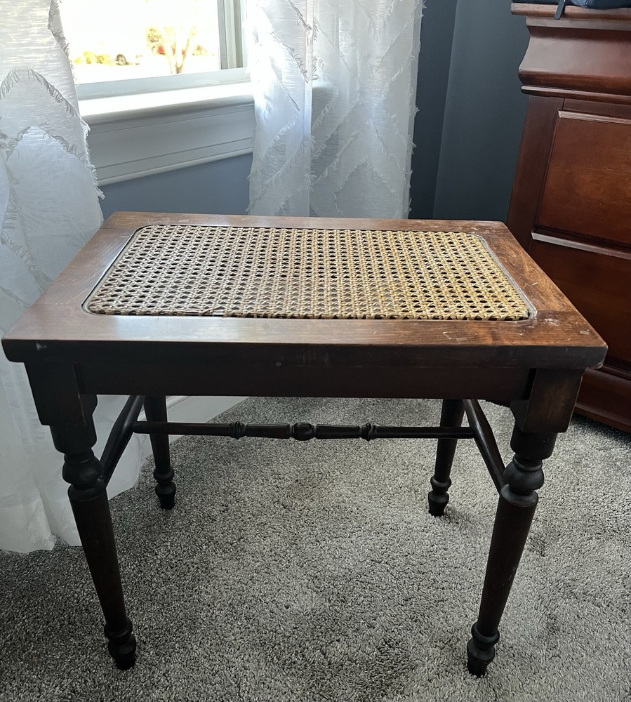 Solid Walnut Vanity Bench Piano Stool Cane Bottom Turned Legs Antique Or Vintage