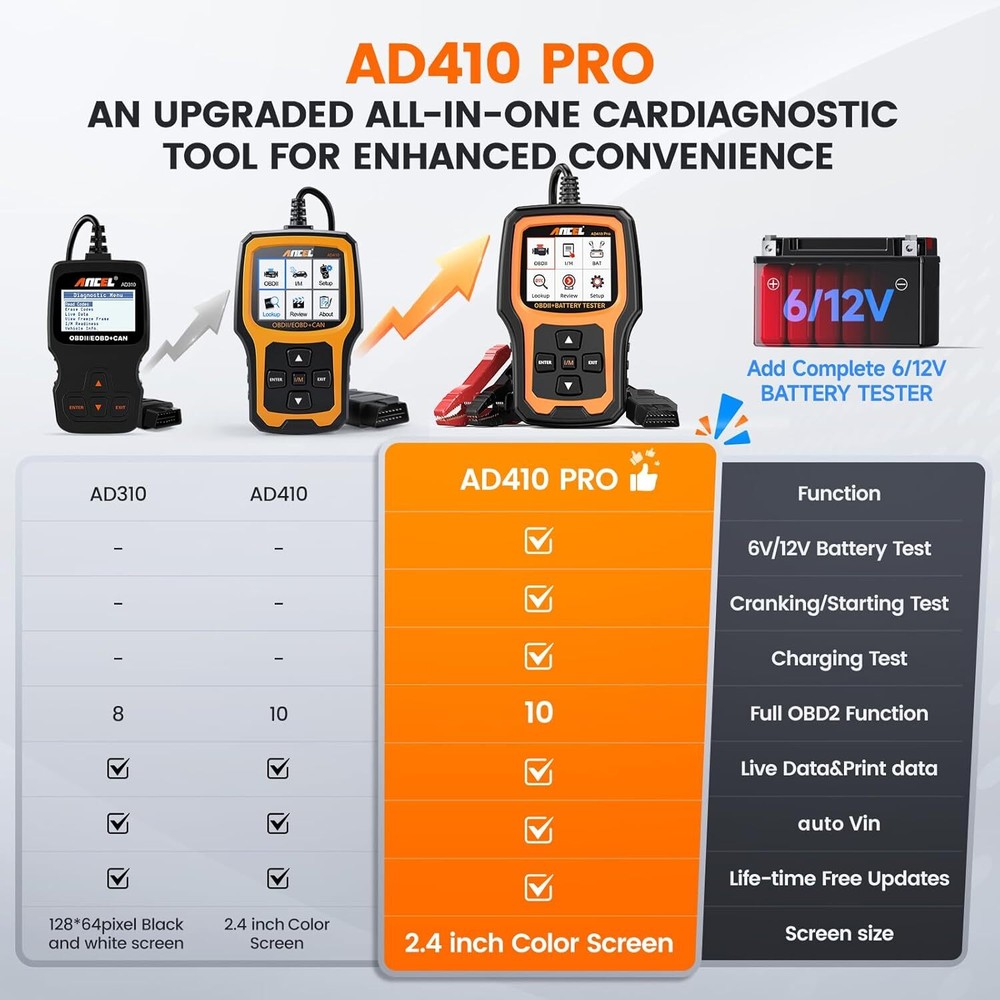 ANCEL AD410 PRO Battery Tester & OBD2 Scanner Auto Code Reader Diagnostic Tool