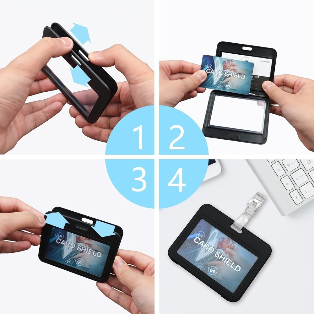 3 Pack ID Badge Holder with Double-Sided Windows Hard Plastic Horizontal Black
