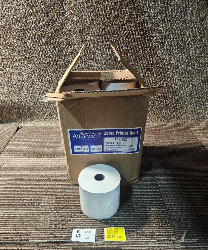 (QTY 12) Zebra Heavyweight Printer Rolls Thermal 1" Solid Wall Core 4" x 422'