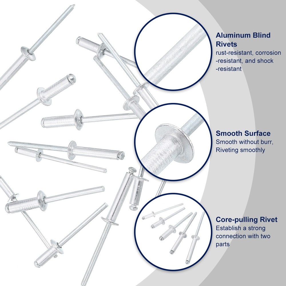 100Pcs 1/8"x1" Aluminum Blind Rivets, Dome Head Long Split Rivets, Silver