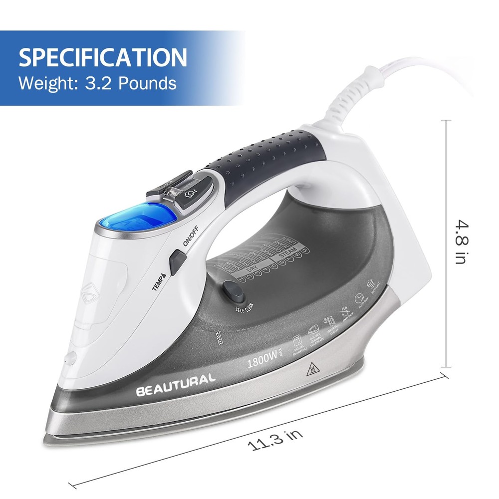 1800-Watt Steam Iron with Digital LCD Screen, Double-Layer and Ceramic Coated...