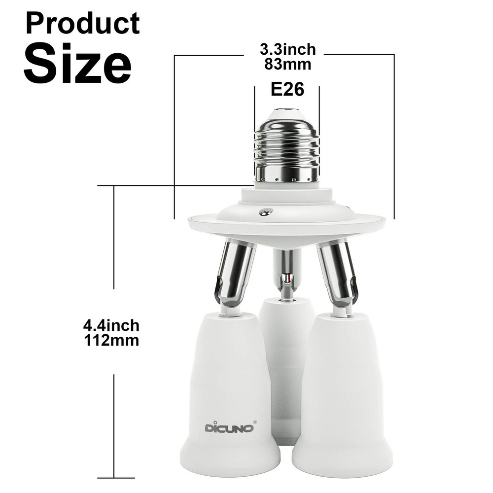 3 in 1 E26 Light Socket Splitter Adapter, Standard Base LED Bulb Converter, 360