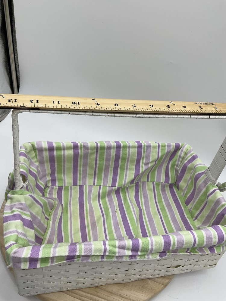 White Wicker Rectangular Basket Handle Lined Striped Fabric Insert Storage Tray
