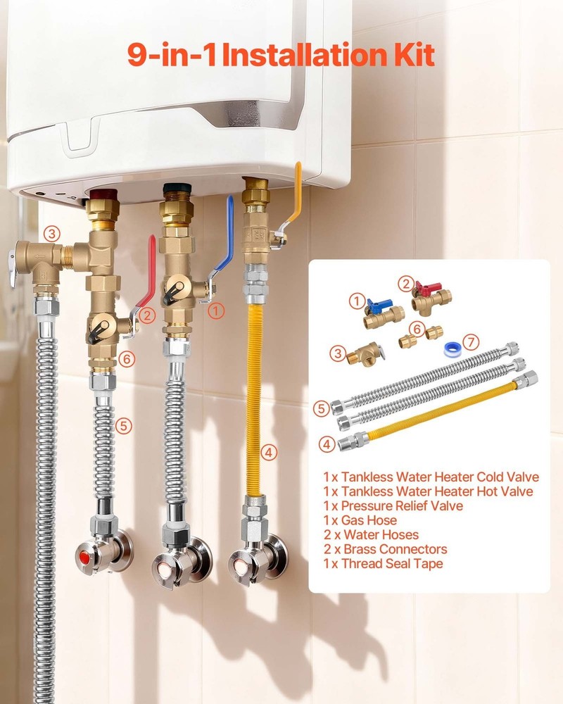 Water Heater Kit for Tankless Units: 3/4" Isolation Valves, Relief, Gas Hose