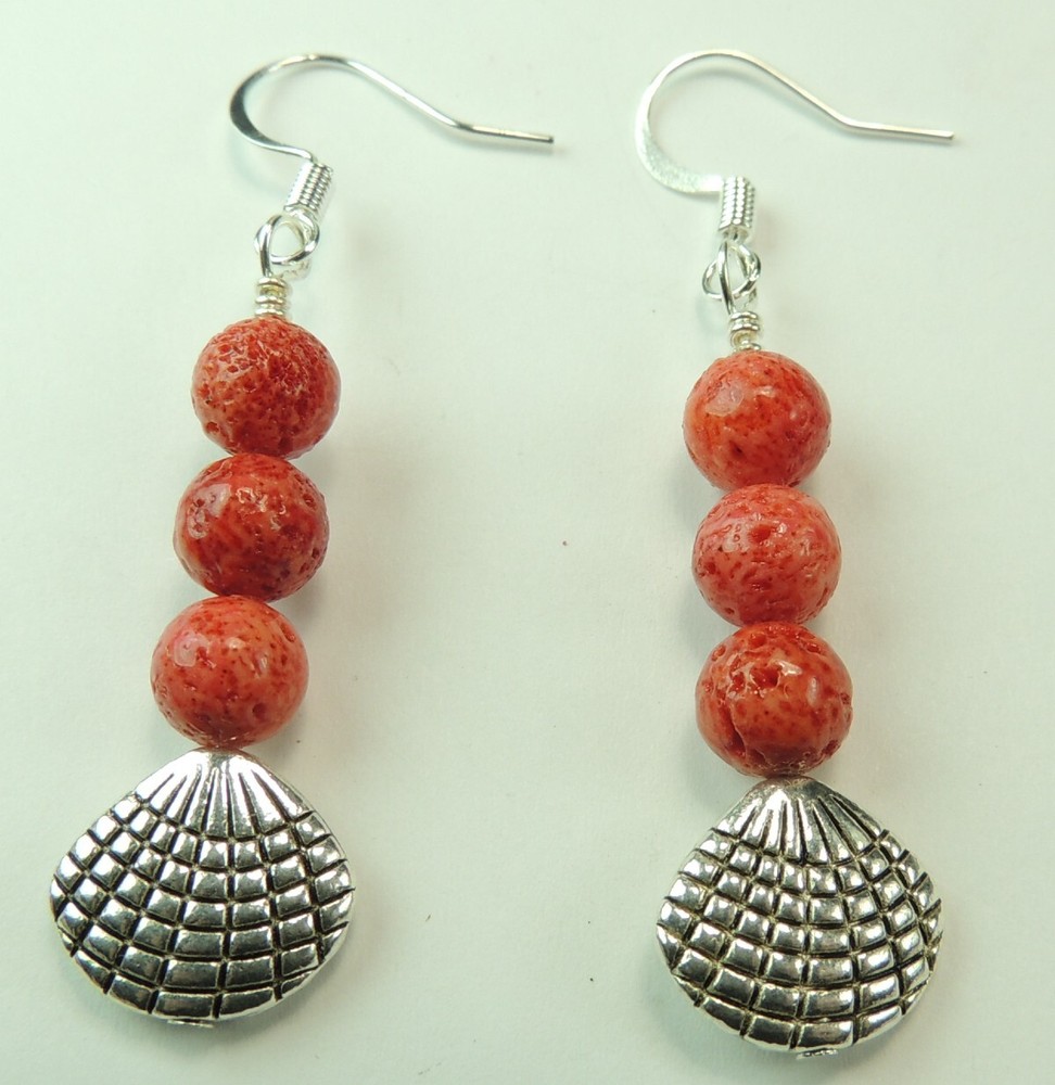 Shells With Red Sponge Coral Earrings Handmade  Statement