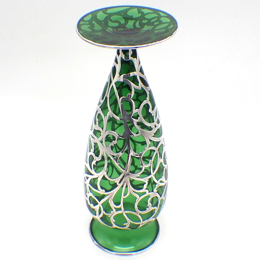 Green Glass Vase Silver Overlay
