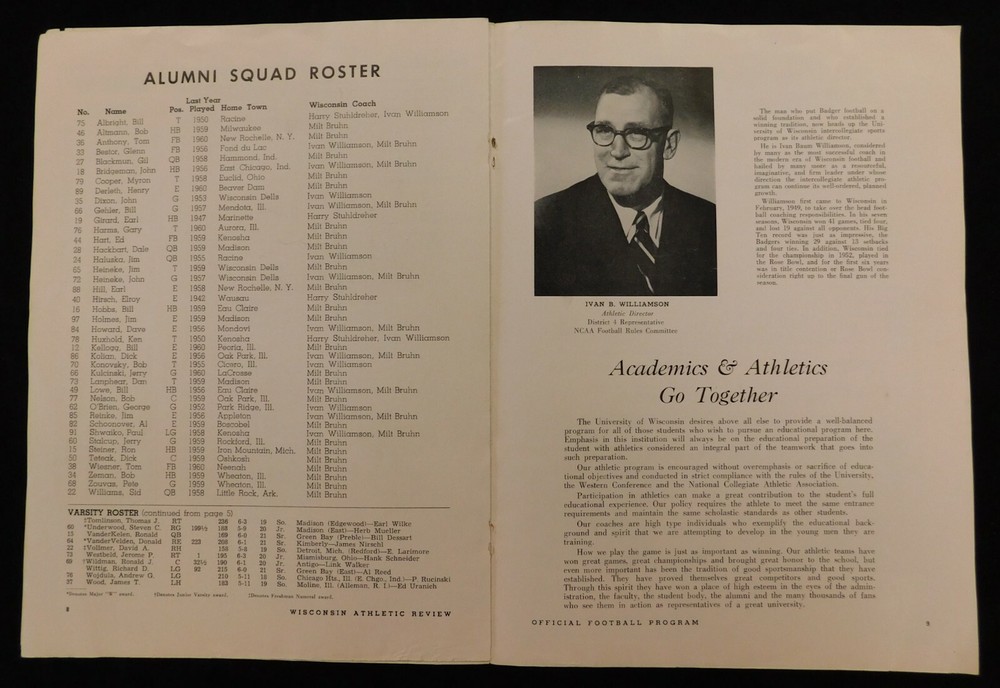 Wisconsin Badgers 1961 Varsity Vs Alumni Official Program "Camp Randall Stadium"