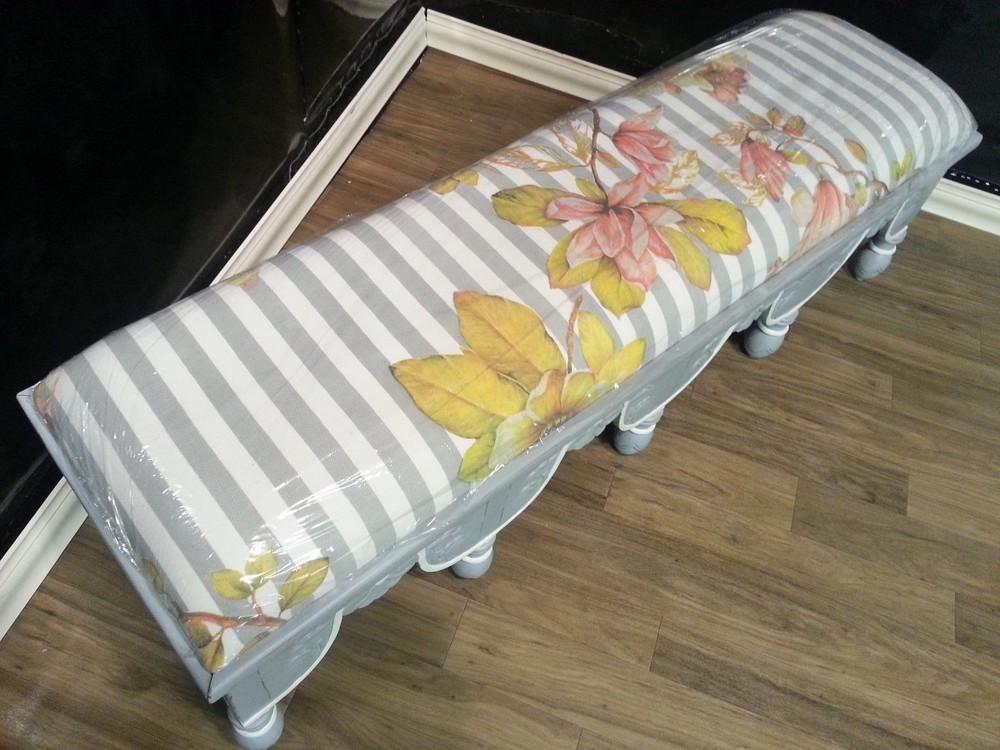 Steven Shell Upholstered Venetian Bench Grey Mist Distressed