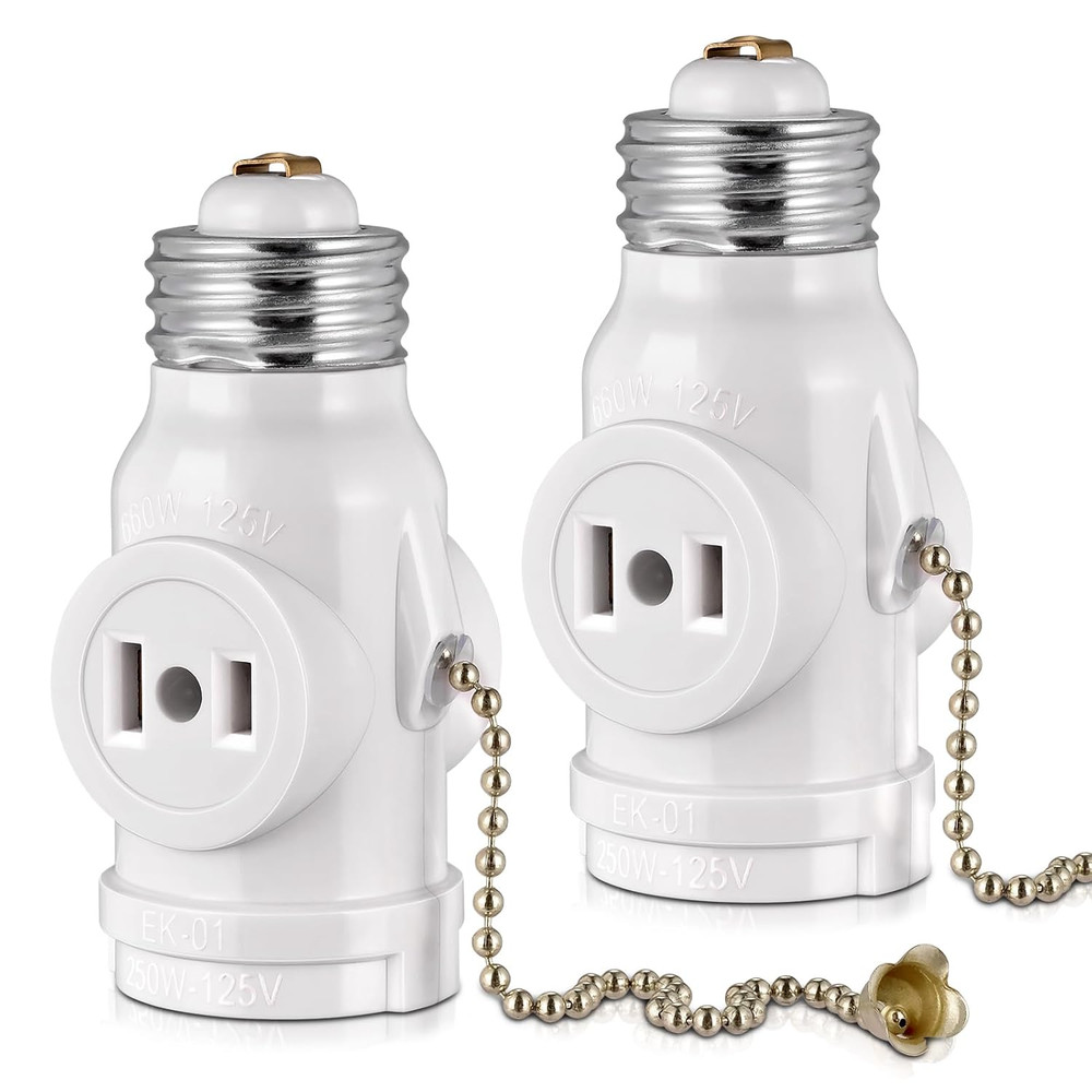 2 Outlet Light Socket Adapter with Pull Chain Switch White Medium Screw 2 Pack