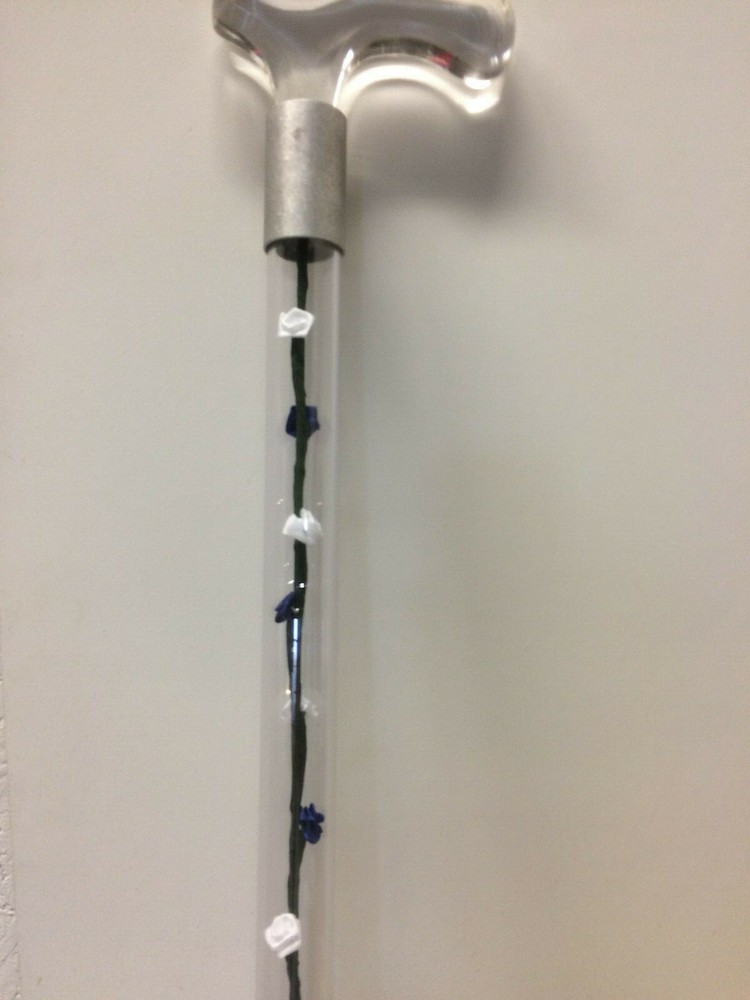 Designer walking cane white and blue roses changable interior lucite handle